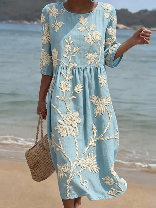 Abito Midi in Lino con Ricami Floreali